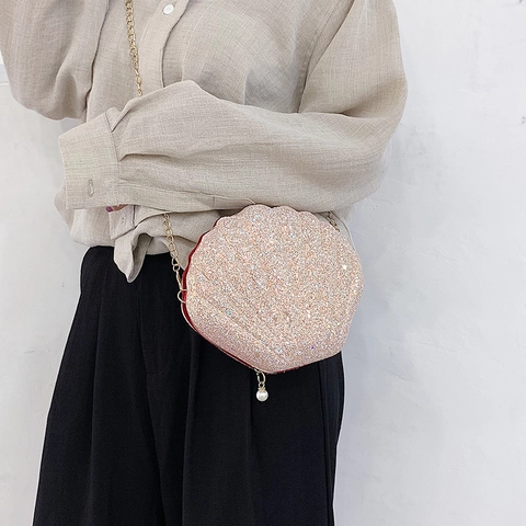 Süße Muschelform Umhängetasche Für Damen Pailletten Glitzer Abendtasche Mit Goldener Kette Und Künstliche Perlenverzierung