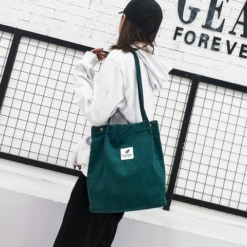 Dames Casual Corduroy Tote Bag Grote Capaciteit Schoudertas Met Magnetische Gesp Koreaanse Stijl Effen Kleur Stoffen Patch Tas