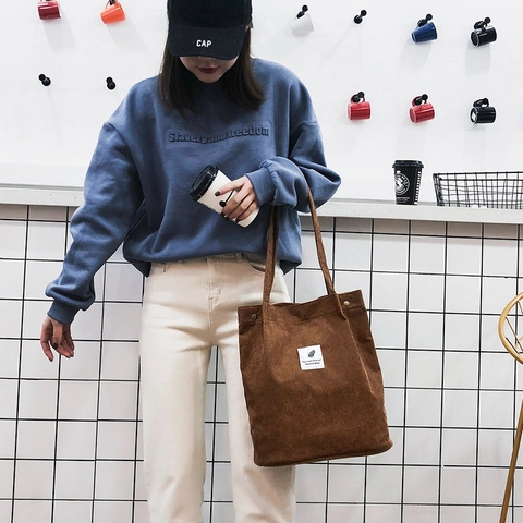 Dames Casual Corduroy Tote Bag Grote Capaciteit Schoudertas Met Magnetische Gesp Koreaanse Stijl Effen Kleur Stoffen Patch Tas