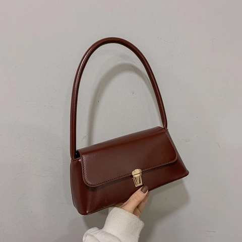 Bolso Baguette De Cuero PU Vintage Para Mujer Bolso De Hombro Minimalista Debajo Del Brazo Con Cierre De Metal Bolso De Mano
