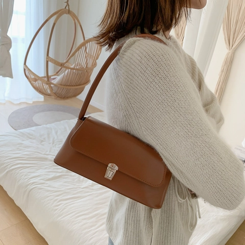 Bolso Baguette De Cuero PU Vintage Para Mujer Bolso De Hombro Minimalista Debajo Del Brazo Con Cierre De Metal Bolso De Mano