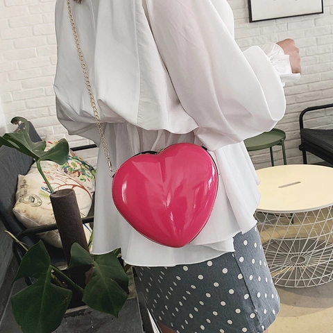 Women's Heart Shaped Hard Shell Chain Shoulder Bag Glossy PC Crossbody Mini Purse For Dating Party