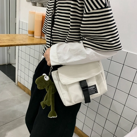 Canvas Messenger Bag Harajuku Style Workwear Flap Buckle Shoulder Crossbody For Women Casual Daily Solid Color