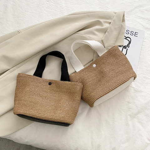 Bolso De Paja Para Playa De Verano Tejido A Mano Vacaciones Bolso De Mano Con Cierre De Botón Color De Contraste Estilo Retro Para Mujer