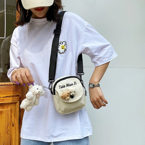 Γυναικείο Χαριτωμένο Αρκouδάκι Cartoon Canvas Crossbody Bag Casual Small Shoulder Bag Student Phone Bag Με Κρεμαστό