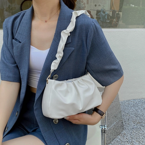 Women Casual PU Leather Pleated Cloud Shoulder Bag Ruched Underarm Bag Solid Color Minimalist Soft Crossbody Pouch Handbag