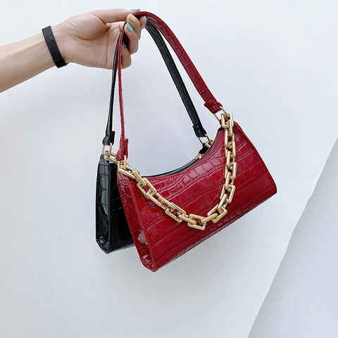 Women Crocodile Pattern Underarm Bag With Thick Gold Chain PU Leather Small Square Shoulder Bag Vintage Fashion Handbag
