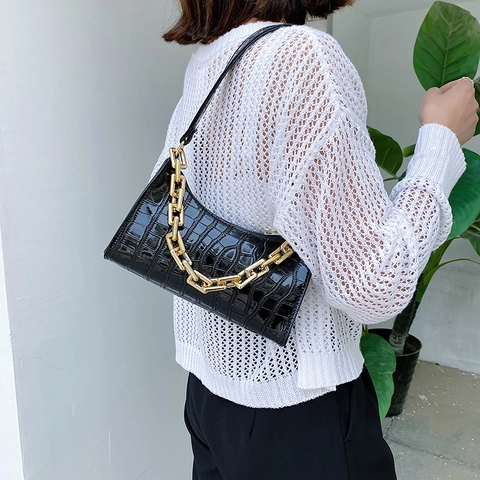 Women Crocodile Pattern Underarm Bag With Thick Gold Chain PU Leather Small Square Shoulder Bag Vintage Fashion Handbag