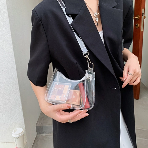 Women Transparent PVC Jelly Hobo Bag Fluorescent Color Clear Underarm Shoulder Bag With Zipper Daily Fashion Purse