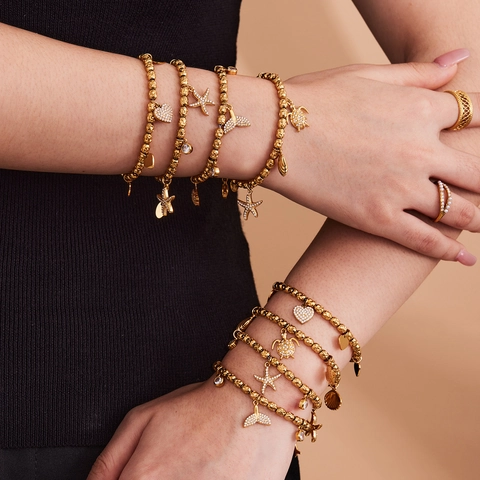 Bracciale Con Perline Tema Oceano Acciaio Inossidabile Zircone Stella Marina Cuore Tartaruga Fascino Placcato Oro Donna