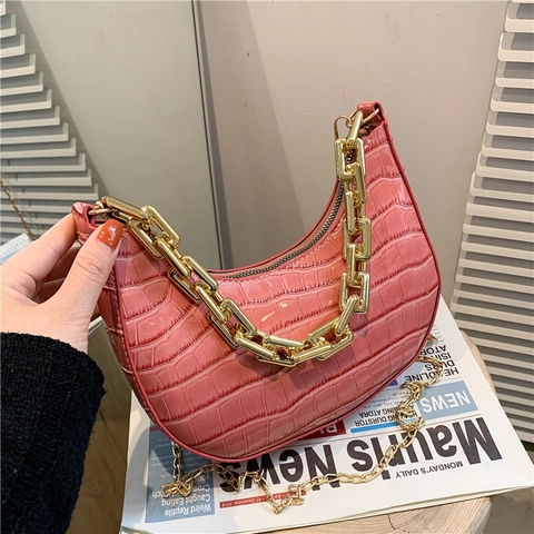 Dames Schoudertas Okseltas Krokodillenpatroon PU Leer Crescent Hobo Tas Met Dikke Gouden Ketting Vintage Mode Trendy