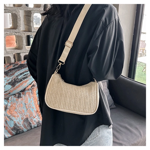 Bolso de Hombro Hobo Tejido de Paja para Mujer Bolso Minimalista de Media Luna Con Correa Ancha Ajustable para Vacaciones de Verano