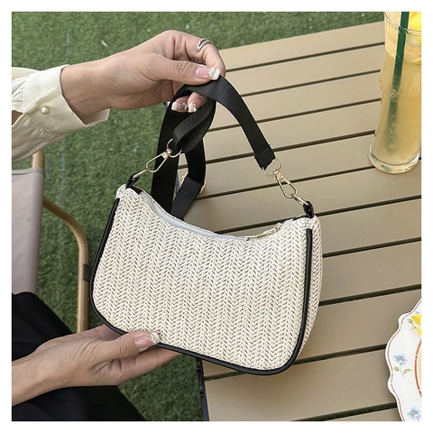 Damen Strohgewebt Hobo Schultertasche Minimalistische Halbmond Unterarmtasche Mit Verstellbarem Breitriemen Sommerurlaub Strandtasche