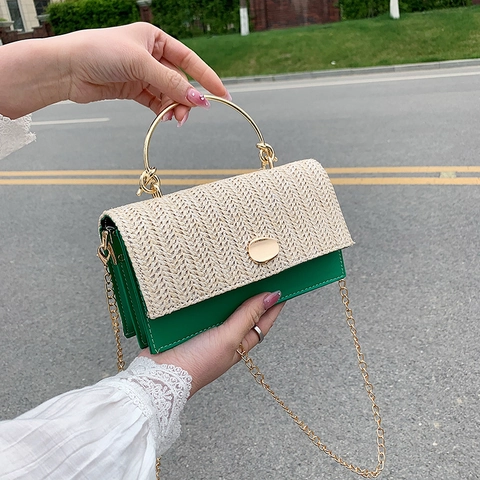 Borsa Quadrata Piccola in Pelle PU e Paglia Donna Estate Vacanza Catena in Metallo Borsa a Spalla Tracolla Elegante