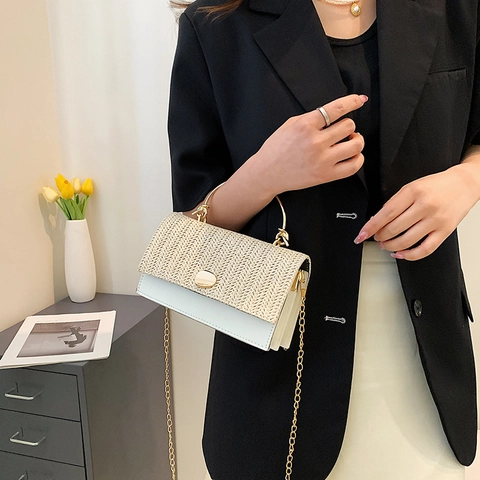 Borsa Quadrata Piccola in Pelle PU e Paglia Donna Estate Vacanza Catena in Metallo Borsa a Spalla Tracolla Elegante