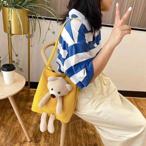 Women Canvas Shoulder Bag With 3D Plush Teddy Bear Doll Cute Large Capacity Tote Crossbody Bag For School Travel Shopping
