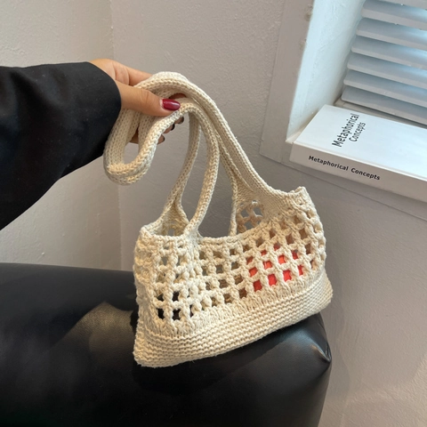 Häkeln Gewebte Umhängetasche Handgemachte Baumwollseil Ausgehöhlte Tragetasche Für Frauen Lässiger Strandurlaub Boho Stil