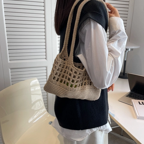 Häkeln Gewebte Umhängetasche Handgemachte Baumwollseil Ausgehöhlte Tragetasche Für Frauen Lässiger Strandurlaub Boho Stil