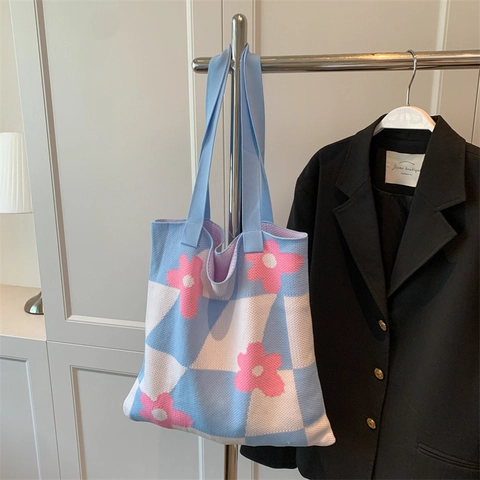Sac Fourre-tout en Tricot à Fleurs et Damiers pour Femmes Sac à Bandoulière au Crochet Motif Floral Vintage Grande Capacité en Tissu Souple