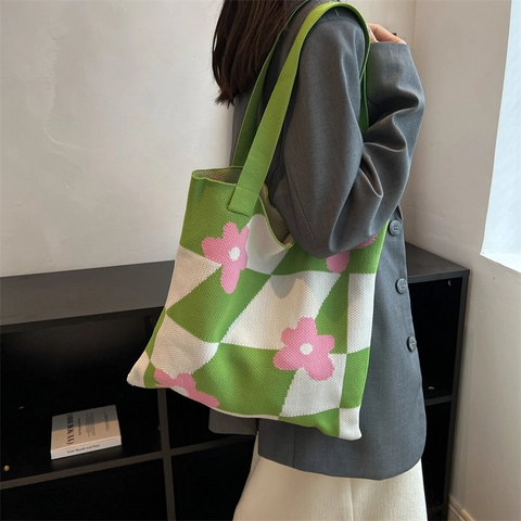 Sac Fourre-tout en Tricot à Fleurs et Damiers pour Femmes Sac à Bandoulière au Crochet Motif Floral Vintage Grande Capacité en Tissu Souple