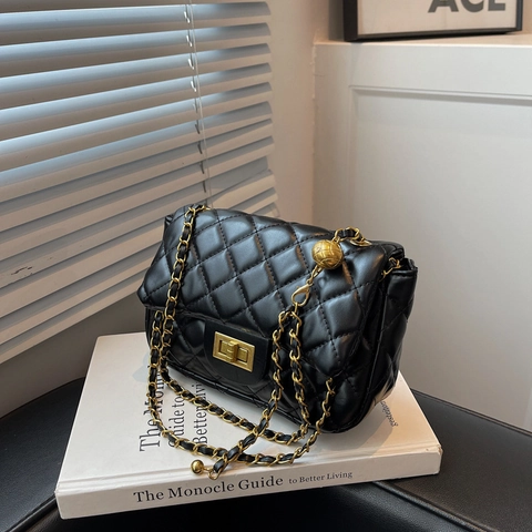 Women's Quilted Rhombic Small Square Bag With Adjustable Gold Ball Chain Strap PU Leather Shoulder Crossbody Bag For Daily Commute