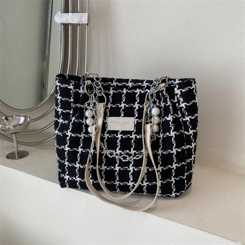 Bolso Tote de Tweed Pata de Gallo para Mujer Con Perlas Artificiales Cadena de Metal Gran Capacidad Bolso de Hombro Vintage Moda Casual