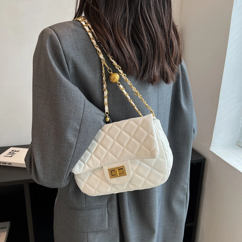 Women's Quilted Rhombic Small Square Bag With Adjustable Gold Ball Chain Strap PU Leather Shoulder Crossbody Bag For Daily Commute