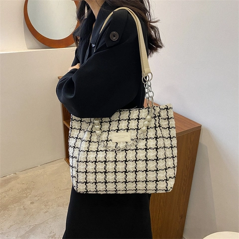 Bolso Tote de Tweed Pata de Gallo para Mujer Con Perlas Artificiales Cadena de Metal Gran Capacidad Bolso de Hombro Vintage Moda Casual