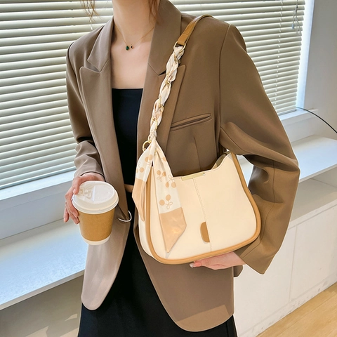 Bolso de Hombro de Cuero PU para Mujer Minimalista Vintage Francés Color de Contraste Bolso Hobo de Axila Con Pañuelo de Seda