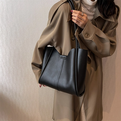 Minimalist Large Capacity PU Leather Tote Bag For Women Solid Color Contrast Trim Shoulder Bag With Inner Pouch Handbag