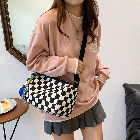 Damen Trendige Schachbrettmuster Canvas Zylindertasche Umhängetasche Lässig Vielseitige Kleine Baguette Tasche Mit Breit Verstellbarem Gurt