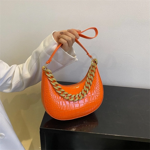 Damen Krokodilmuster PU Leder Achseltasche Mit Grober Goldkette Fashion Hobo Schultertasche Für Alltag Party