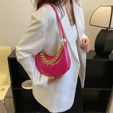 Damen Krokodilmuster PU Leder Achseltasche Mit Grober Goldkette Fashion Hobo Schultertasche Für Alltag Party