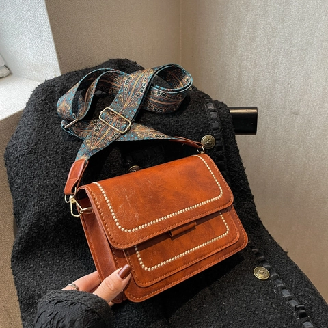 Borsa A Tracolla Retro In Pelle PU Da Donna Moda Piccola Borsa Quadrata Con Tracolla Larga A Motivo Bohemien