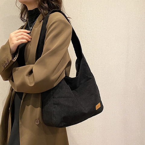 Borsa a Spalla in Velluto a Coste Vintage da Donna Grande Capacità Retro Hobo Tote Borsa Trama Morbida Casual Quotidiana