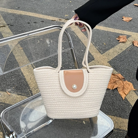 Französische Vintage Geflochtene Tote Bag Künstliche Perle Schnalle PU Lederklappe Stroh Umhängetasche Für Damen Pastoral Eimer Tasche