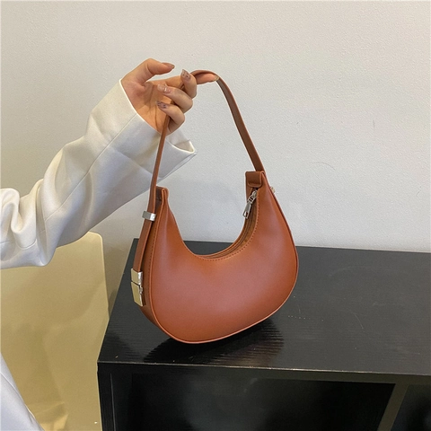 Bolso Hobo de Cuero PU para Mujer Minimalista Color Sólido Forma de Media Luna Bolso de Hombro para Uso Diario