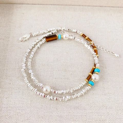 Collana Di Perline Fatta A Mano Con Perla Artificial Turchese Pietra Occhio Di Tigre E Perline Di Ottone Choker Boho Vintage Da Donna