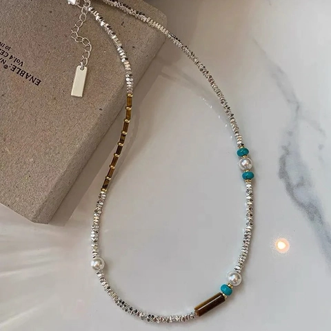 Collana Di Perline Fatta A Mano Con Perla Artificial Turchese Pietra Occhio Di Tigre E Perline Di Ottone Choker Boho Vintage Da Donna