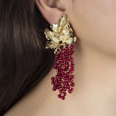 Grape Fruit Drop Earrings Red Beads Gold Plated Brass With 925 Sterling Silver Earring Post Retro Elegant Jewelry For Women