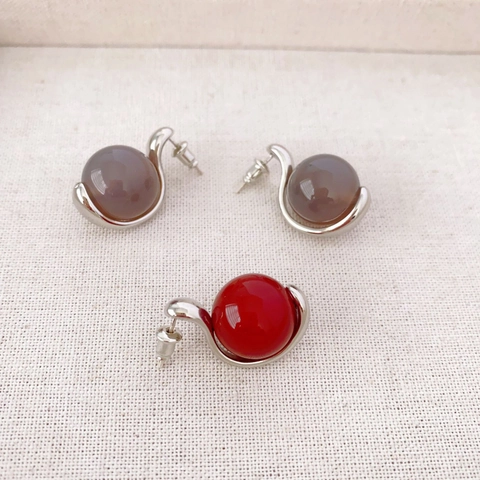 Round Agate Stud Earrings French Vintage Minimalist Fashion Jewelry For Women With 925 Sterling Silver Earring Post