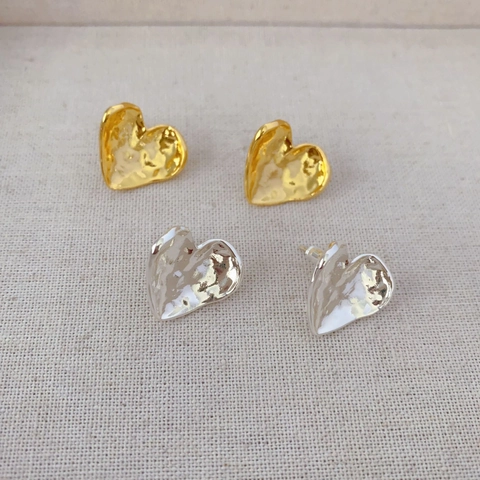 Heart Stud Earrings Irregular Hammered Texture Lava Style Copper With 925 Sterling Silver Earring Post For Women