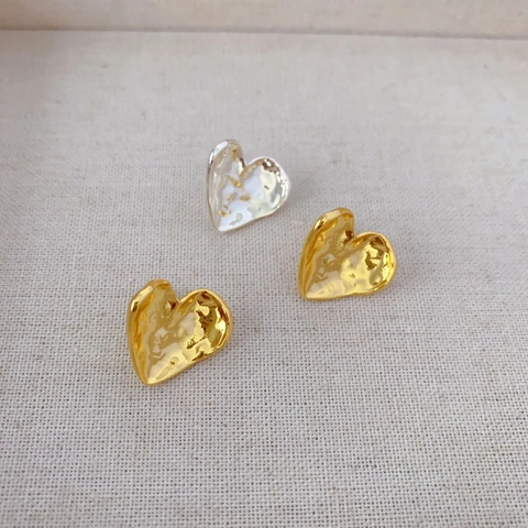 Heart Stud Earrings Irregular Hammered Texture Lava Style Copper With 925 Sterling Silver Earring Post For Women