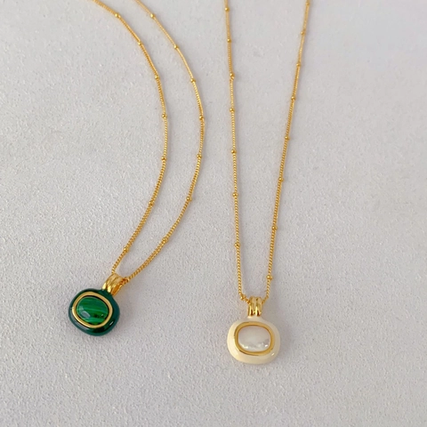 Vintage Kupfer Vergoldet Halskette Und Ring Für Damen Weißes Perlmutt Grüner Malachit Emaille Schmuck Zubehör