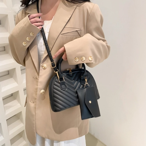 Borsa a Tracolla da Donna Trapuntata a V in Pelle PU Set Borsa a Mano Moda a Cupola Con Mini Portamonete Rimovibile