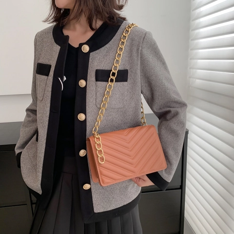 Women Quilted PU Leather Shoulder Bag Gold Chain Strap Chevron Pattern Small Square Crossbody Bag Fashion Versatile Handbag