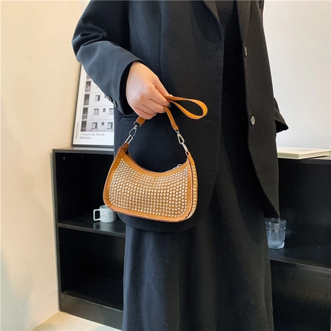 Borsa a Spalla Hobo da Donna con Strass Vintage in Pelle PU a Mezzaluna Sottobraccio Y2K Streetwear Party Borsa