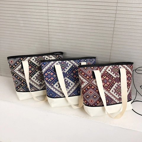 Bolso de Cubo de Lona Tejida Geométrica Étnica para Mujer Bolso de Hombro Patchwork de Color de Contraste Retro de Gran Capacidad