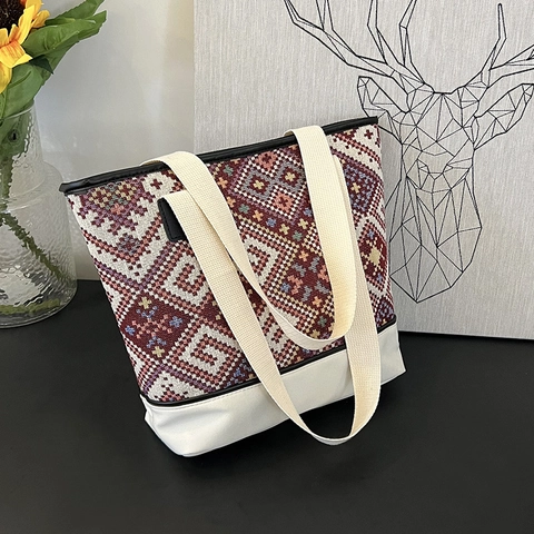 Bolso de Cubo de Lona Tejida Geométrica Étnica para Mujer Bolso de Hombro Patchwork de Color de Contraste Retro de Gran Capacidad