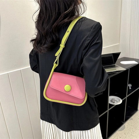 Bolso de Hombro de Silla de Cuero PU Retro para Mujer con Color de Contraste Minimalista Hebilla Redonda Bolso Bandolera Pequeño Moda Conmutar